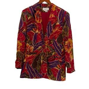VTG Casual Corner Silk Red Floral Tropical Hibiscus Print Oversized Blazer, 4